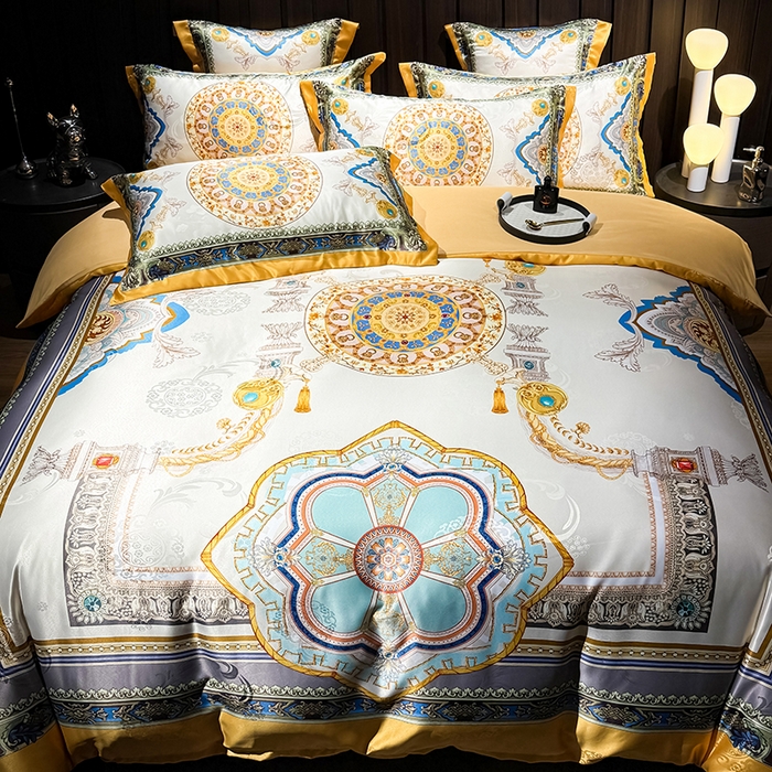 91家纺网 家纺一手货源 找家纺 七夜居 2025新款直播爆款欧式大阪轻奢贡缎提花加数码印花磨毛四件套 凯撒圣殿-象牙金