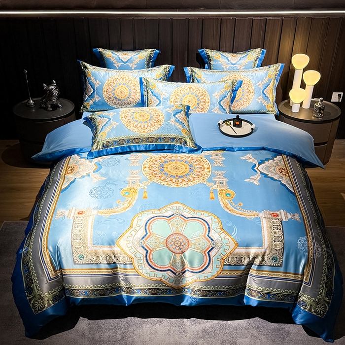 七夜居 2025新款直播爆款欧式大阪轻奢贡缎提花加数码印花磨毛四件套 凯撒圣殿-帝王蓝