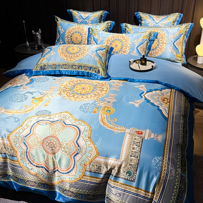 91家纺网 家纺一手货源 找家纺 七夜居 2025新款直播爆款欧式大阪轻奢贡缎提花加数码印花磨毛四件套 凯撒圣殿-帝王蓝