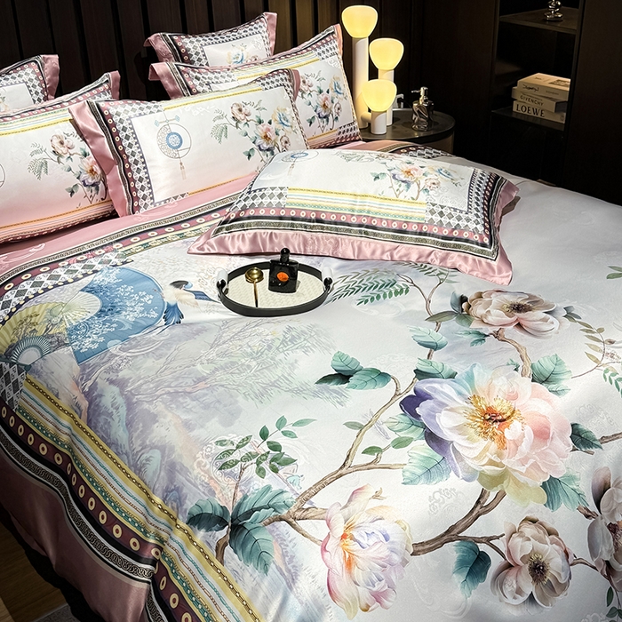 91家纺网 家纺一手货源 找家纺 七夜居 2025新款直播爆款欧式大阪轻奢贡缎提花加数码印花磨毛四件套 牡丹亭-芙蓉玉