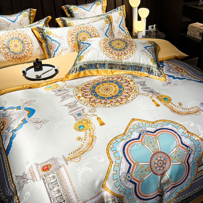 91家纺网 家纺一手货源 找家纺 七夜居 2025新款直播爆款欧式大阪轻奢贡缎提花加数码印花磨毛四件套 凯撒圣殿-象牙金