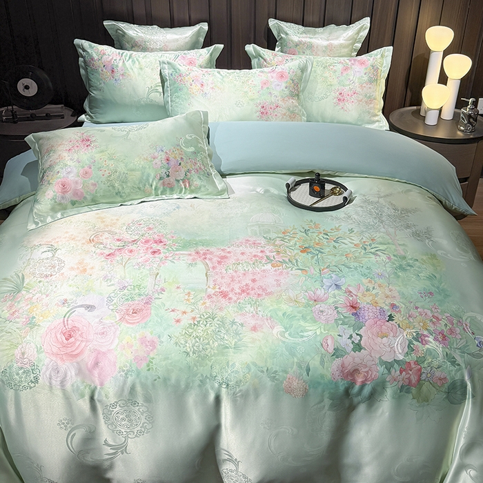 91家纺网 家纺一手货源 找家纺 七夜居 2025新款直播爆款欧式大阪轻奢贡缎提花加数码印花磨毛四件套 梦幻波尔多-绿