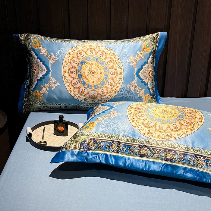 91家纺网 家纺一手货源 找家纺 七夜居 2025新款直播爆款欧式大阪轻奢贡缎提花加数码印花磨毛四件套 凯撒圣殿-帝王蓝