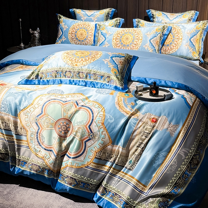 91家纺网 家纺一手货源 找家纺 七夜居 2025新款直播爆款欧式大阪轻奢贡缎提花加数码印花磨毛四件套 凯撒圣殿-帝王蓝