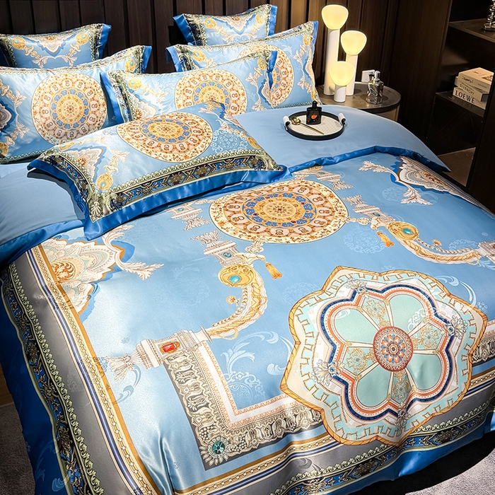 91家纺网 家纺一手货源 找家纺 七夜居 2025新款直播爆款欧式大阪轻奢贡缎提花加数码印花磨毛四件套 凯撒圣殿-帝王蓝