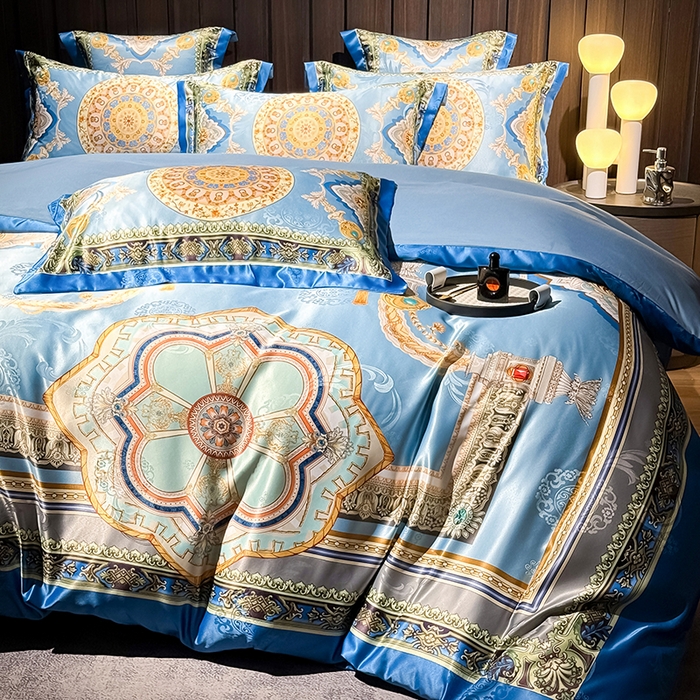 91家纺网 家纺一手货源 找家纺 七夜居 2025新款直播爆款欧式大阪轻奢贡缎提花加数码印花磨毛四件套 凯撒圣殿-帝王蓝