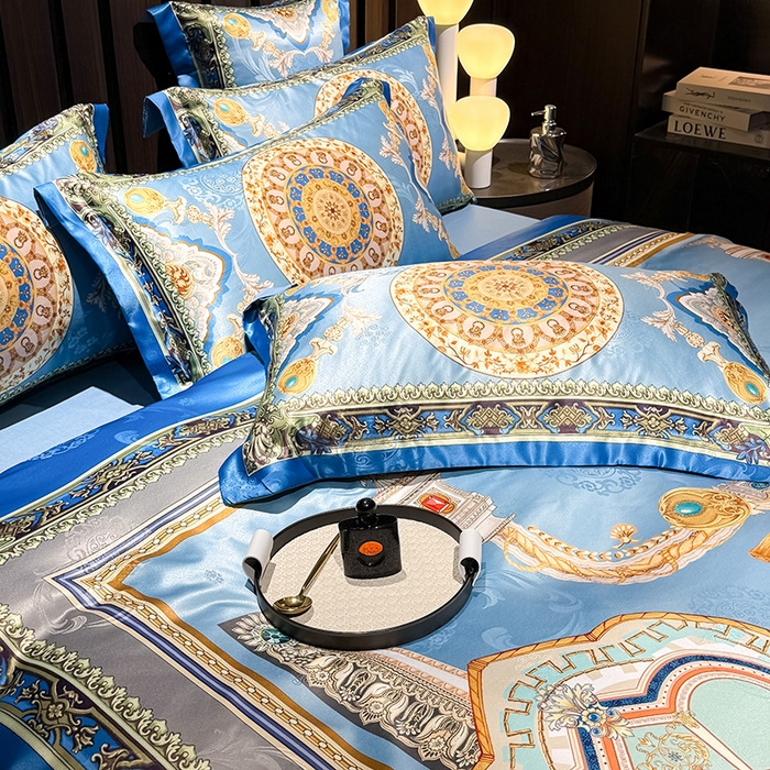 91家纺网 家纺一手货源 找家纺 七夜居 2025新款直播爆款欧式大阪轻奢贡缎提花加数码印花磨毛四件套 凯撒圣殿-帝王蓝