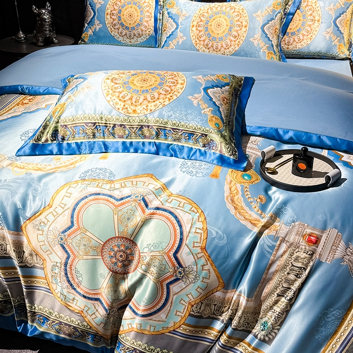 91家纺网 家纺一手货源 找家纺 七夜居 2025新款直播爆款欧式大阪轻奢贡缎提花加数码印花磨毛四件套 凯撒圣殿-帝王蓝