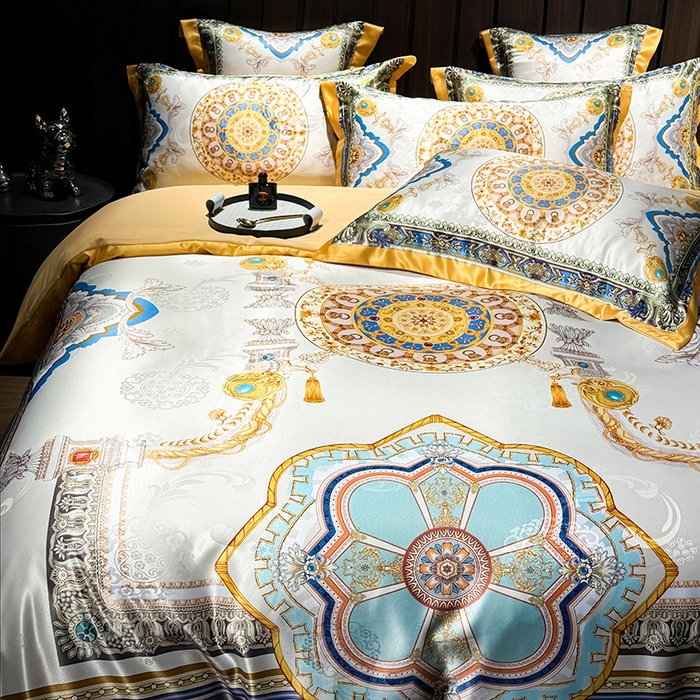 91家纺网 家纺一手货源 找家纺 七夜居 2025新款直播爆款欧式大阪轻奢贡缎提花加数码印花磨毛四件套 凯撒圣殿-象牙金