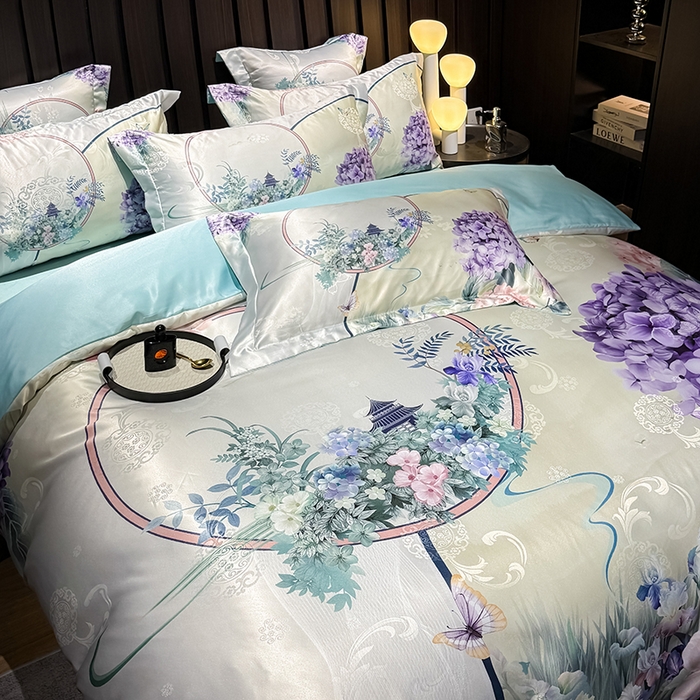 91家纺网 家纺一手货源 找家纺 七夜居 2025新款直播爆款欧式大阪轻奢贡缎提花加数码印花磨毛四件套 绣球花语