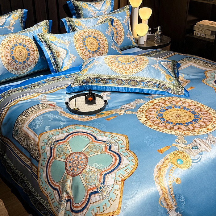 91家纺网 家纺一手货源 找家纺 七夜居 2025新款直播爆款欧式大阪轻奢贡缎提花加数码印花磨毛四件套 凯撒圣殿-帝王蓝