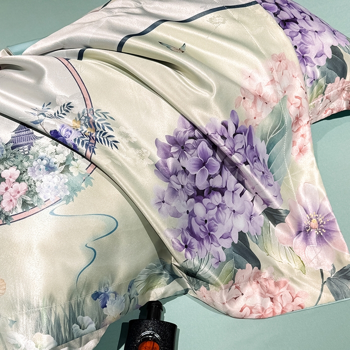 91家纺网 家纺一手货源 找家纺 七夜居 2025新款直播爆款欧式大阪轻奢贡缎提花加数码印花磨毛四件套 绣球花语