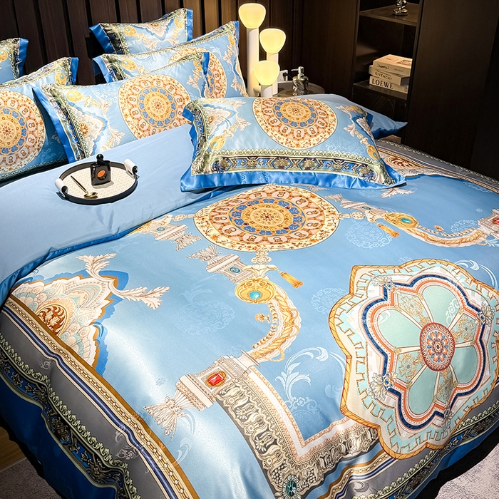 91家纺网 家纺一手货源 找家纺 七夜居 2025新款直播爆款欧式大阪轻奢贡缎提花加数码印花磨毛四件套 凯撒圣殿-帝王蓝