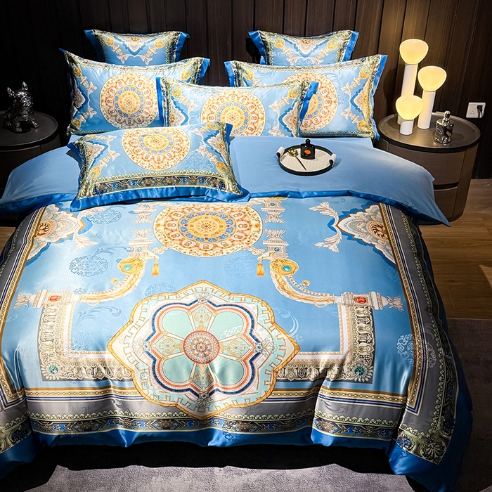 91家纺网 家纺一手货源 找家纺 七夜居 2025新款直播爆款欧式大阪轻奢贡缎提花加数码印花磨毛四件套 凯撒圣殿-帝王蓝