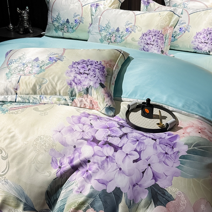 91家纺网 家纺一手货源 找家纺 七夜居 2025新款直播爆款欧式大阪轻奢贡缎提花加数码印花磨毛四件套 绣球花语