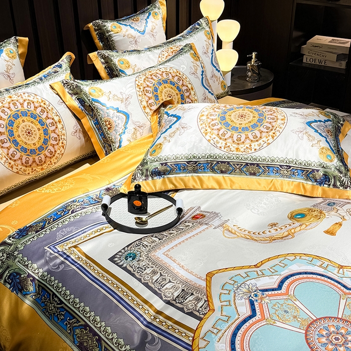 91家纺网 家纺一手货源 找家纺 七夜居 2025新款直播爆款欧式大阪轻奢贡缎提花加数码印花磨毛四件套 凯撒圣殿-象牙金