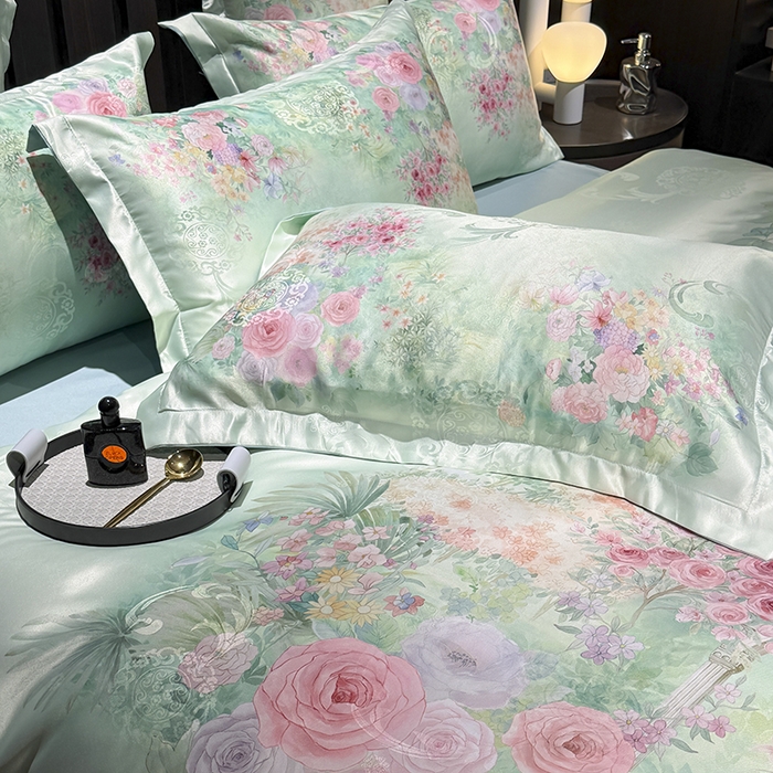 91家纺网 家纺一手货源 找家纺 七夜居 2025新款直播爆款欧式大阪轻奢贡缎提花加数码印花磨毛四件套 梦幻波尔多-绿