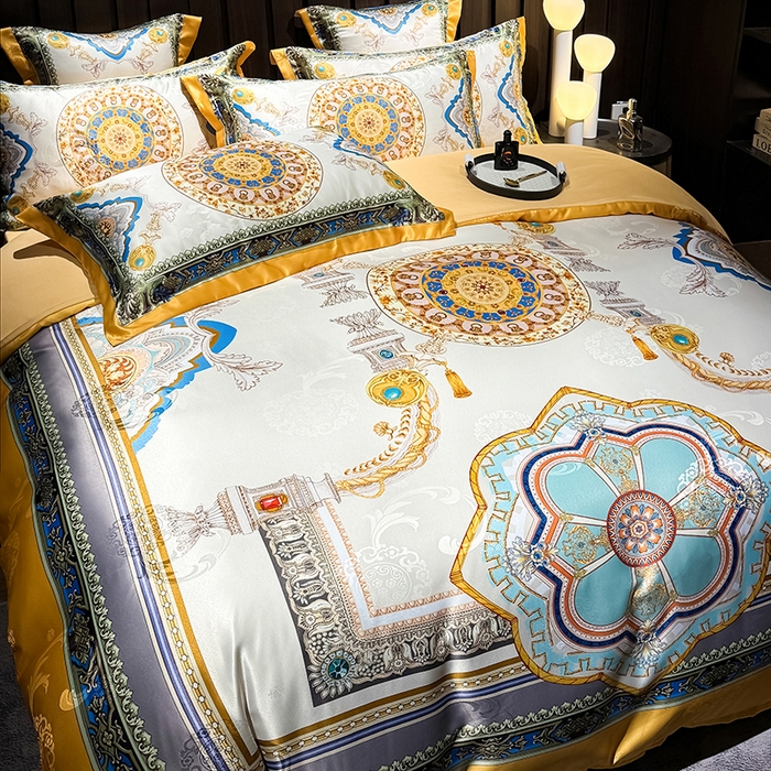 91家纺网 家纺一手货源 找家纺 七夜居 2025新款直播爆款欧式大阪轻奢贡缎提花加数码印花磨毛四件套 凯撒圣殿-象牙金