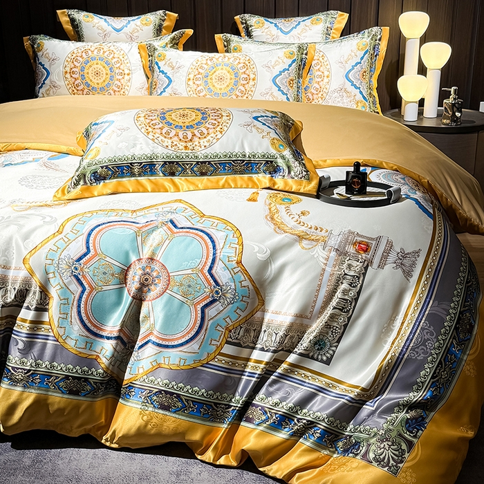 91家纺网 家纺一手货源 找家纺 七夜居 2025新款直播爆款欧式大阪轻奢贡缎提花加数码印花磨毛四件套 凯撒圣殿-象牙金