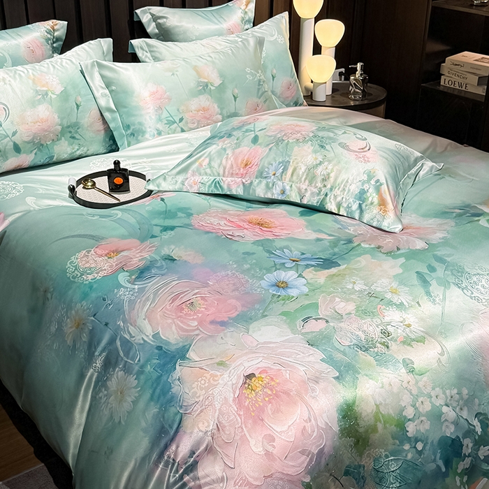 91家纺网 家纺一手货源 找家纺 七夜居 2025新款直播爆款欧式大阪轻奢贡缎提花加数码印花磨毛四件套 清雅入梦