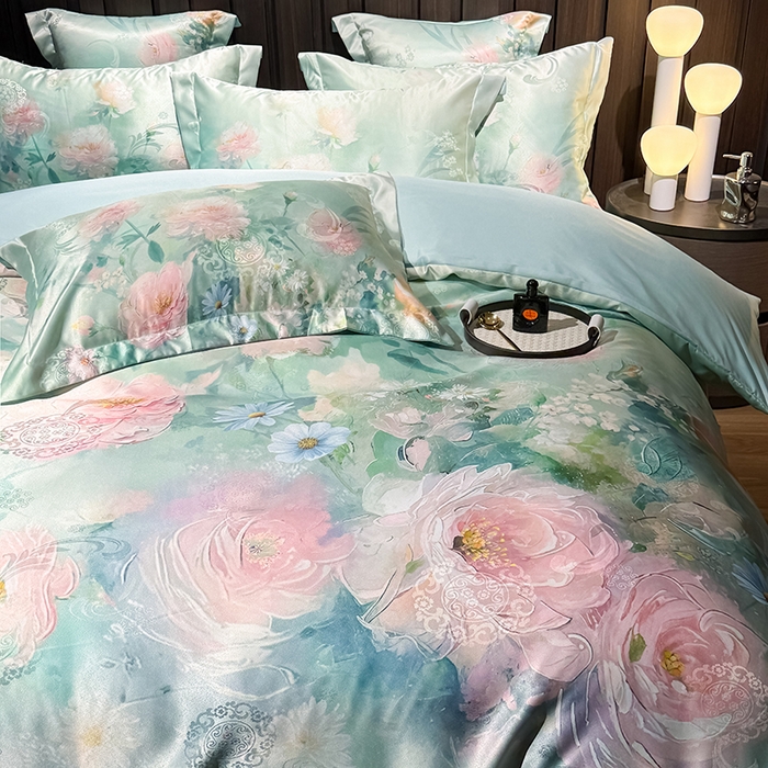 91家纺网 家纺一手货源 找家纺 七夜居 2025新款直播爆款欧式大阪轻奢贡缎提花加数码印花磨毛四件套 清雅入梦