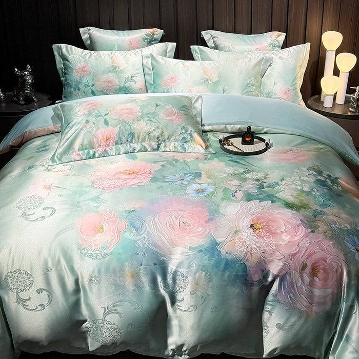 91家纺网 家纺一手货源 找家纺 七夜居 2025新款直播爆款欧式大阪轻奢贡缎提花加数码印花磨毛四件套 清雅入梦