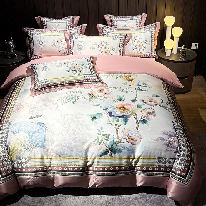 91家纺网 家纺一手货源 找家纺 七夜居 2025新款直播爆款欧式大阪轻奢贡缎提花加数码印花磨毛四件套 牡丹亭-芙蓉玉