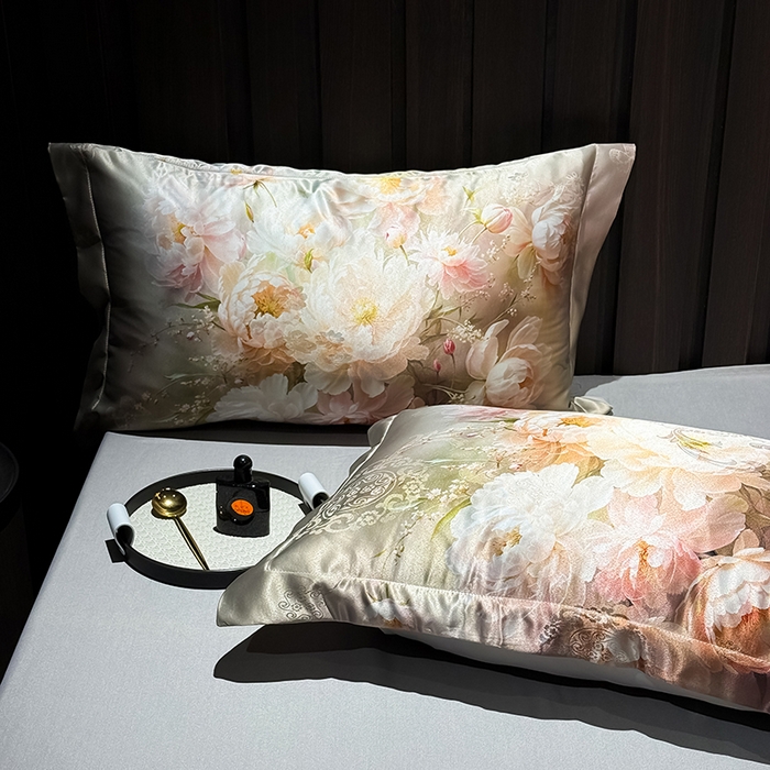 91家纺网 家纺一手货源 找家纺 七夜居 2025新款直播爆款欧式大阪轻奢贡缎提花加数码印花磨毛四件套 国色天香