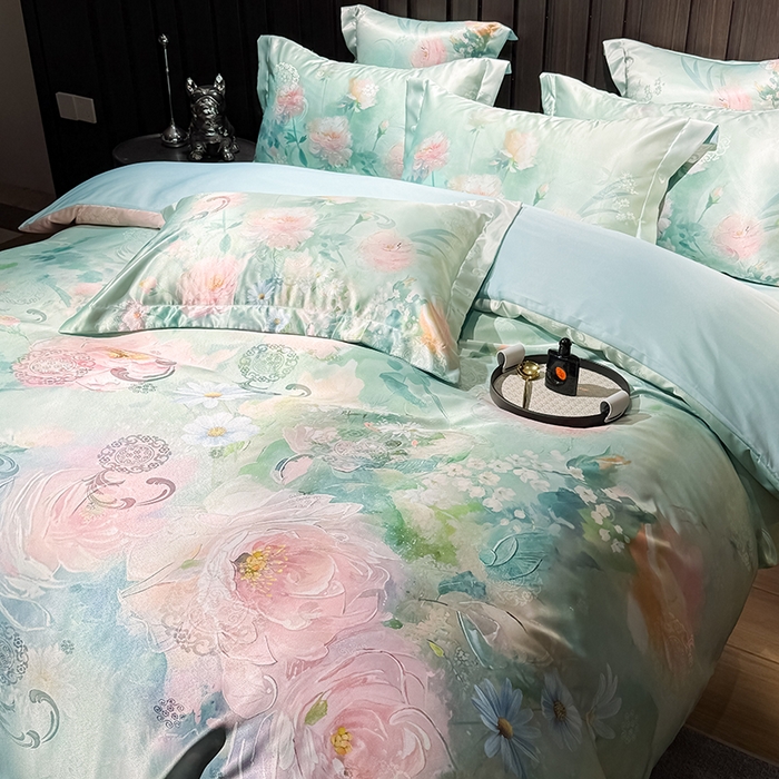 91家纺网 家纺一手货源 找家纺 七夜居 2025新款直播爆款欧式大阪轻奢贡缎提花加数码印花磨毛四件套 清雅入梦