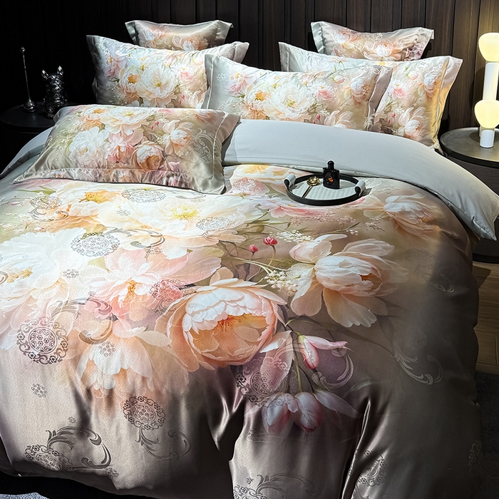 91家纺网 家纺一手货源 找家纺 七夜居 2025新款直播爆款欧式大阪轻奢贡缎提花加数码印花磨毛四件套 国色天香