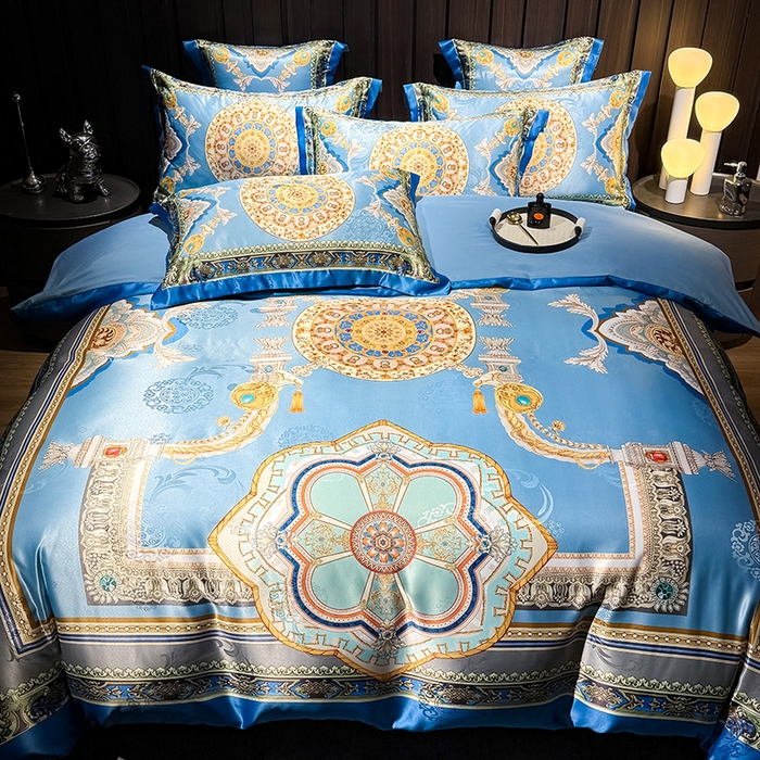 91家纺网 家纺一手货源 找家纺 七夜居 2025新款直播爆款欧式大阪轻奢贡缎提花加数码印花磨毛四件套 凯撒圣殿-帝王蓝