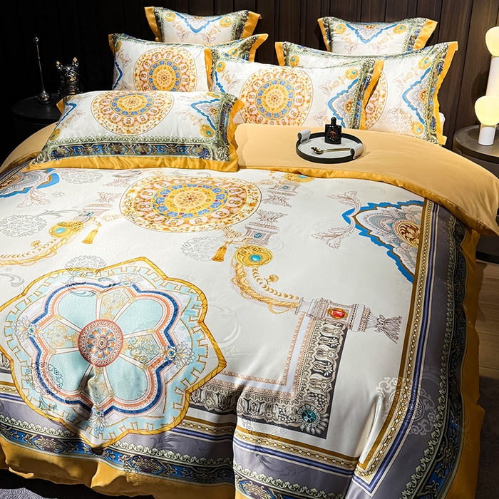 91家纺网 家纺一手货源 找家纺 七夜居 2025新款直播爆款欧式大阪轻奢贡缎提花加数码印花磨毛四件套 凯撒圣殿-象牙金