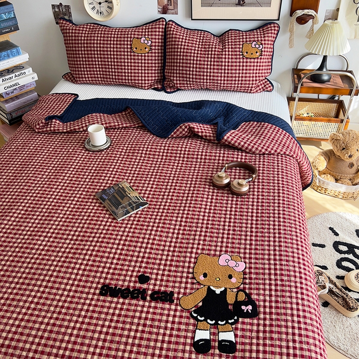 91家纺网 家纺一手货源 找家纺 原素 2026新品直播热款床盖多功能四季通用夹棉A类床盖三件套 床盖-黑皮喵喵