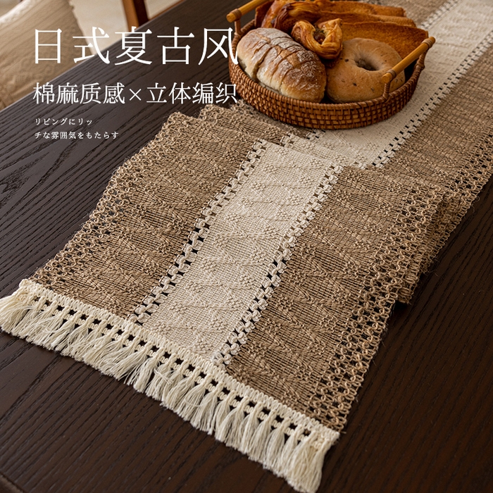 91家纺网 家纺一手货源 找家纺 南通大梧纺织 2025新款复古风棉麻桌旗 双咖宽 30*270cm