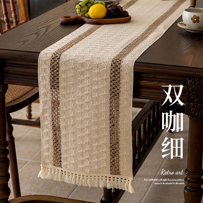 南通大梧纺织 2025新款复古风棉麻桌旗 双咖细 30*350cm