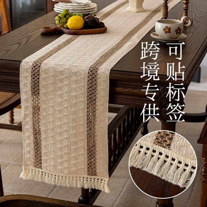 91家纺网 家纺一手货源 找家纺 南通大梧纺织 2025新款复古风棉麻桌旗 双咖细 30*180cm