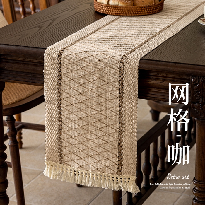 91家纺网 家纺一手货源 找家纺 （总）南通大梧纺织 2025新款复古风棉麻网格桌旗