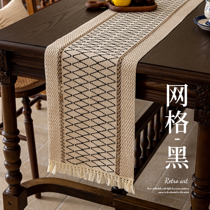 91家纺网 家纺一手货源 找家纺 （总）南通大梧纺织 2025新款复古风棉麻网格桌旗
