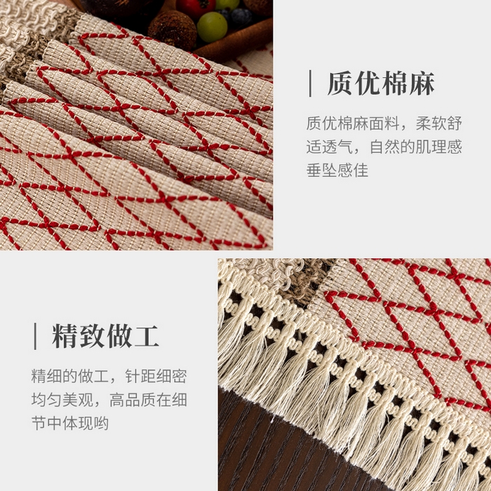 91家纺网 家纺一手货源 找家纺 南通大梧纺织 2025新款复古风棉麻网格桌旗 网格-红 30*50cm
