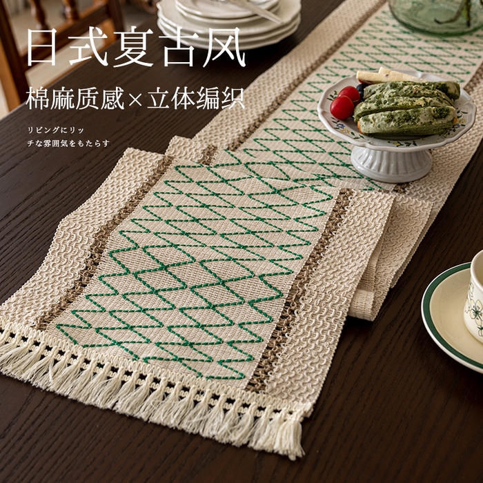 91家纺网 家纺一手货源 找家纺 南通大梧纺织 2025新款复古风棉麻网格桌旗 网格-绿 30*180cm