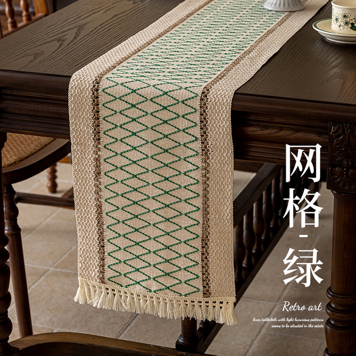 南通大梧纺织 2025新款复古风棉麻网格桌旗 网格-绿 30*50cm