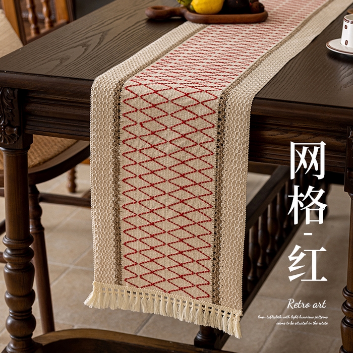南通大梧纺织 2025新款复古风棉麻网格桌旗 网格-红 30*240cm
