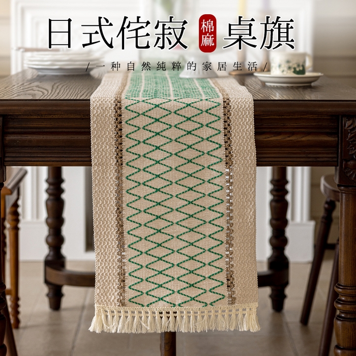 91家纺网 家纺一手货源 找家纺 南通大梧纺织 2025新款复古风棉麻网格桌旗 网格-绿 30*270cm