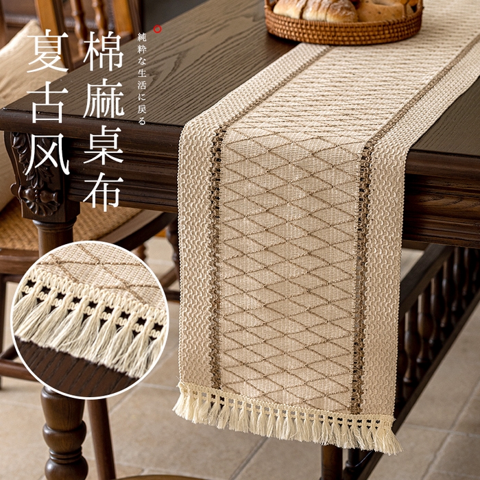 91家纺网 家纺一手货源 找家纺 南通大梧纺织 2025新款复古风棉麻网格桌旗 网格-咖 30*210cm