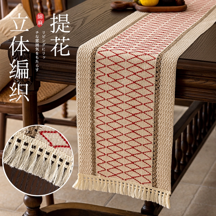 91家纺网 家纺一手货源 找家纺 南通大梧纺织 2025新款复古风棉麻网格桌旗 网格-红 30*50cm