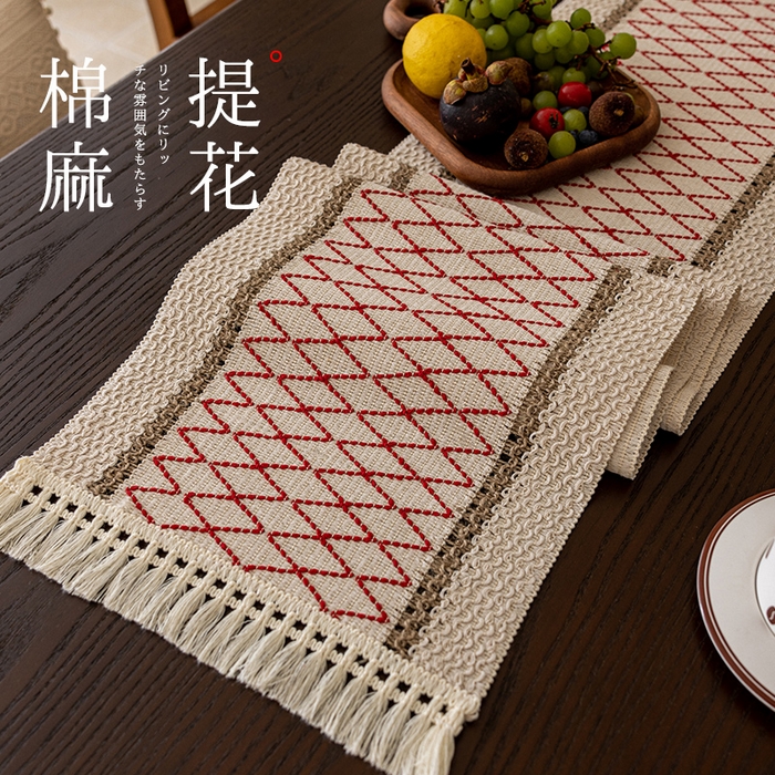 91家纺网 家纺一手货源 找家纺 南通大梧纺织 2025新款复古风棉麻网格桌旗 网格-红 30*240cm