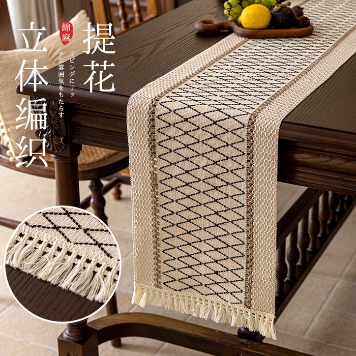 91家纺网 家纺一手货源 找家纺 南通大梧纺织 2025新款复古风棉麻网格桌旗 网格-黑 30*120cm