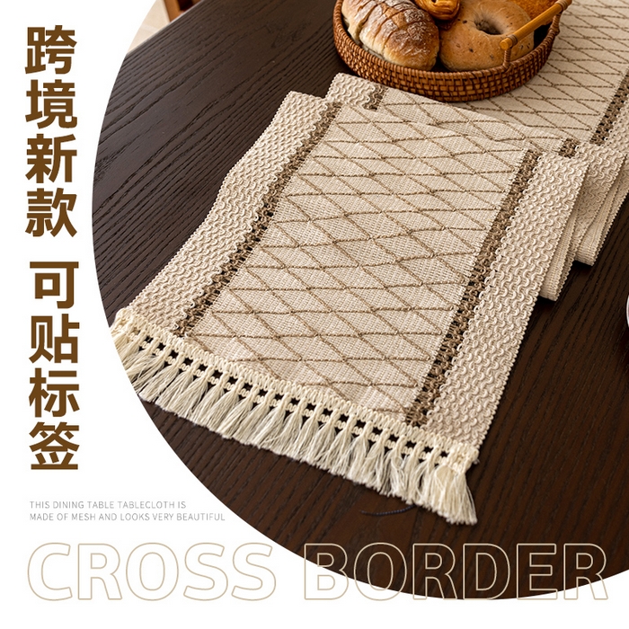 91家纺网 家纺一手货源 找家纺 南通大梧纺织 2025新款复古风棉麻网格桌旗 网格-咖 30*50cm