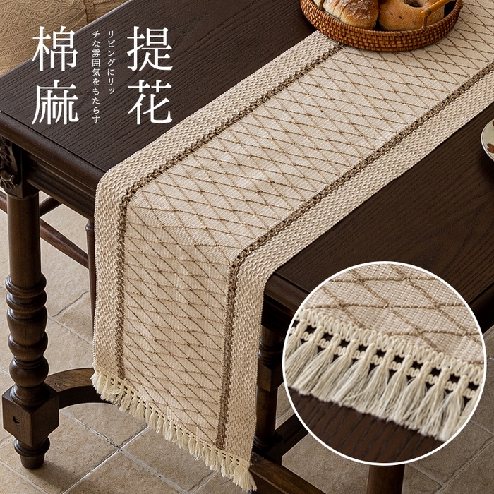 91家纺网 家纺一手货源 找家纺 南通大梧纺织 2025新款复古风棉麻网格桌旗 网格-咖 30*180cm