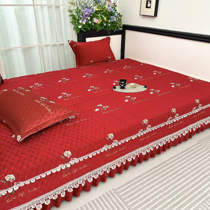 91家纺网 家纺一手货源 找家纺 手艺人家纺 2025新款绗缝绣花HLK02-03炕床盖 HLK03红